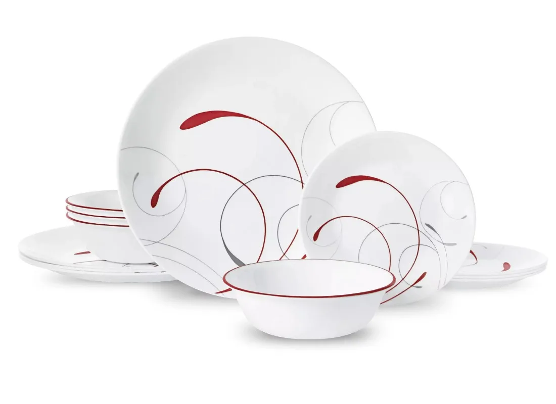 Corelle Splendor, biało-czerwone okrągłe 12-częściowy zestaw obiadowy