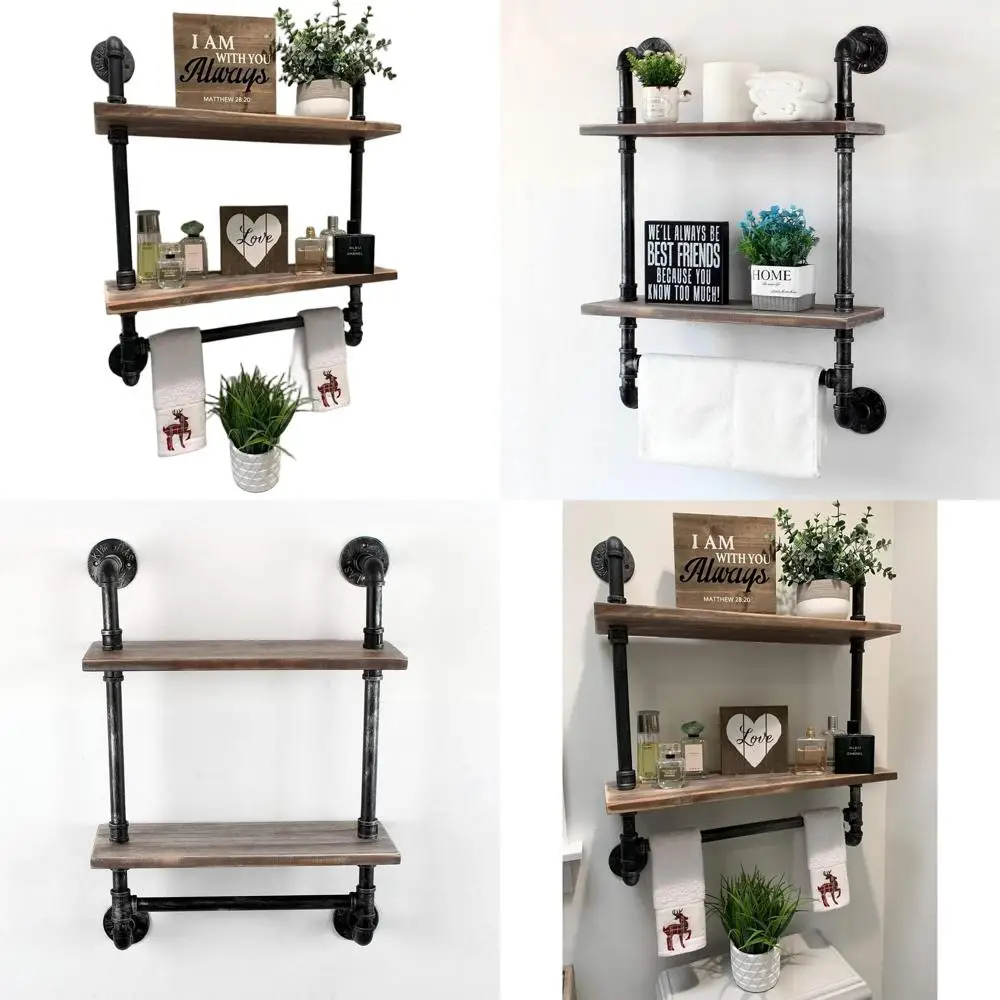 

Rustic Wooden 2-Tier Wall-Mounted Pipe Shelving with Towel Bar, Over Toilet Storage, Retro Grey