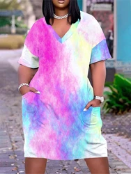 Plus Size Women's Casual Dresses Elegant Tie-Dye T Shirt Dresses Loose Plus Size Party Dresses V-Neck Pullover Dresses