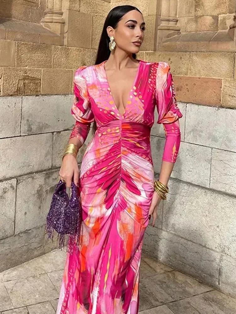 Elegant Printed V-neck Midi Dress Women Hip Package Split Bodycon Dresses 2024 Summer Lady Fashion Party Club Robes