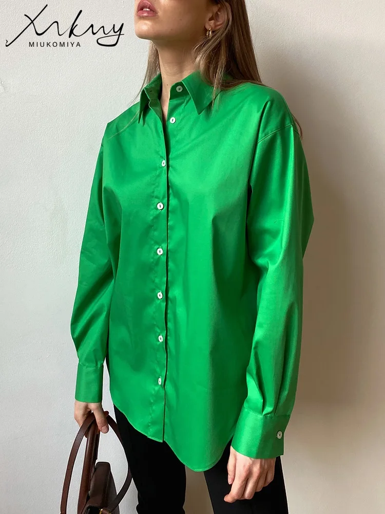 MiuKoMiYa Autumn Women Oversized Blue Shirts Long Sleeve Tops Women 2022 Office Wear Oversize Green Blouses For Women Fashion