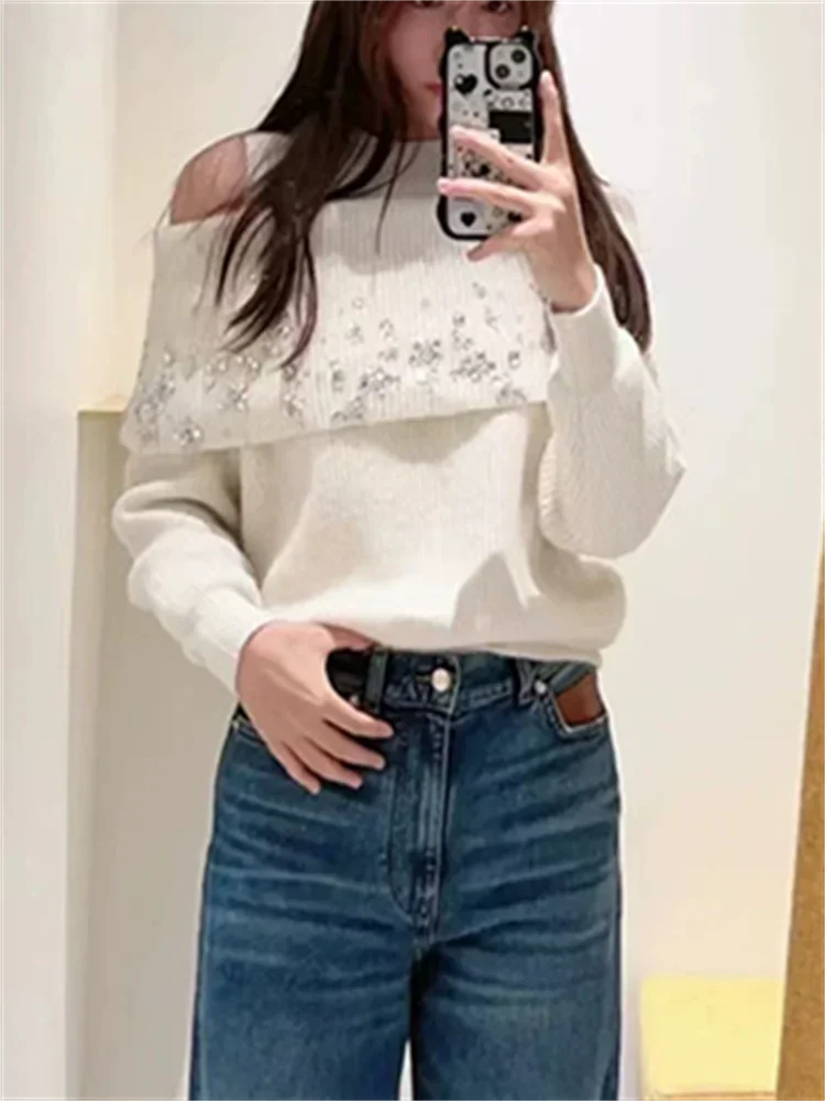 

Women Off-Shoulder Sweater Diamond Decor Long Sleeve Elegant Fake Two-Piece Pullover Fall 2025