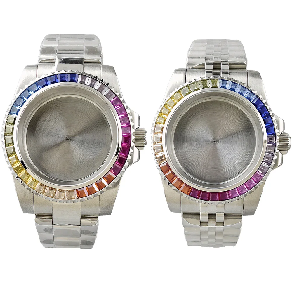 For NH35 Case Flat Sapphire Glass Diamond Bezel Solid Bottom Shell 40.4mm Watch Case Strap for NH34 NH36 Movement