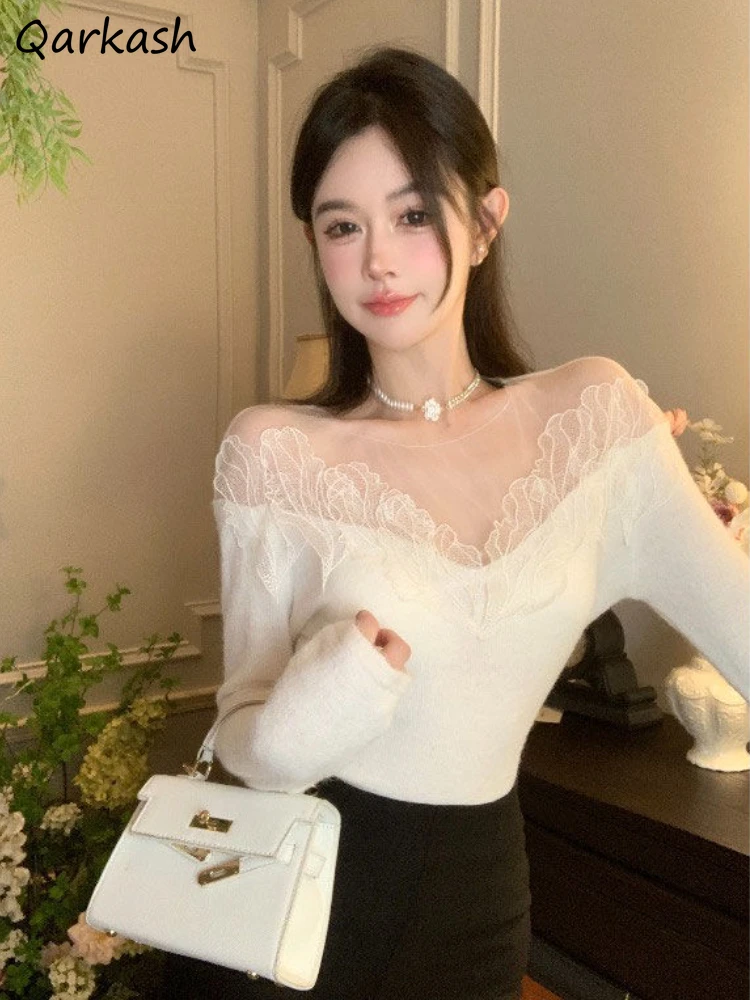 French Slash Neck Lace Blouses Women Delicate Spliced Autumn Vintage Aesthetic Clothes Feminine Stylish Long Sleeve Basic Tops