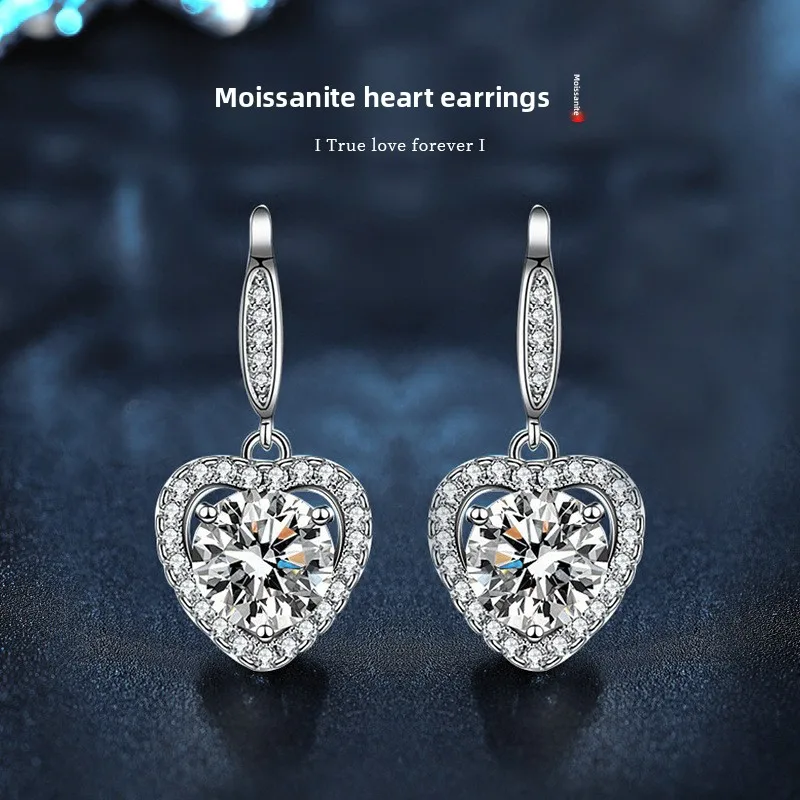

S925 Silver White Gold Plated 1CT*2 D Color Heart Shape Moissanite Ear Hook for Women, Elegant Fine Jewelry Gift