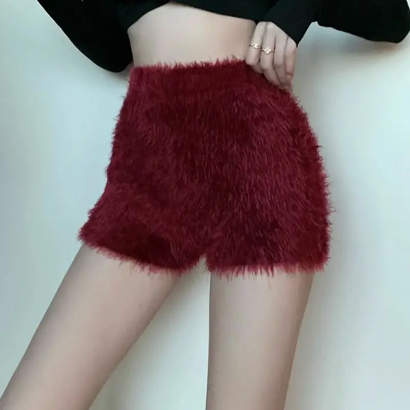 Wedbleser Maillard Warm Imitation Mink Fur Knitted Shorts Women Europe Sexy High Waist Tight Slim Hip Hugging Casual Hot Shorts