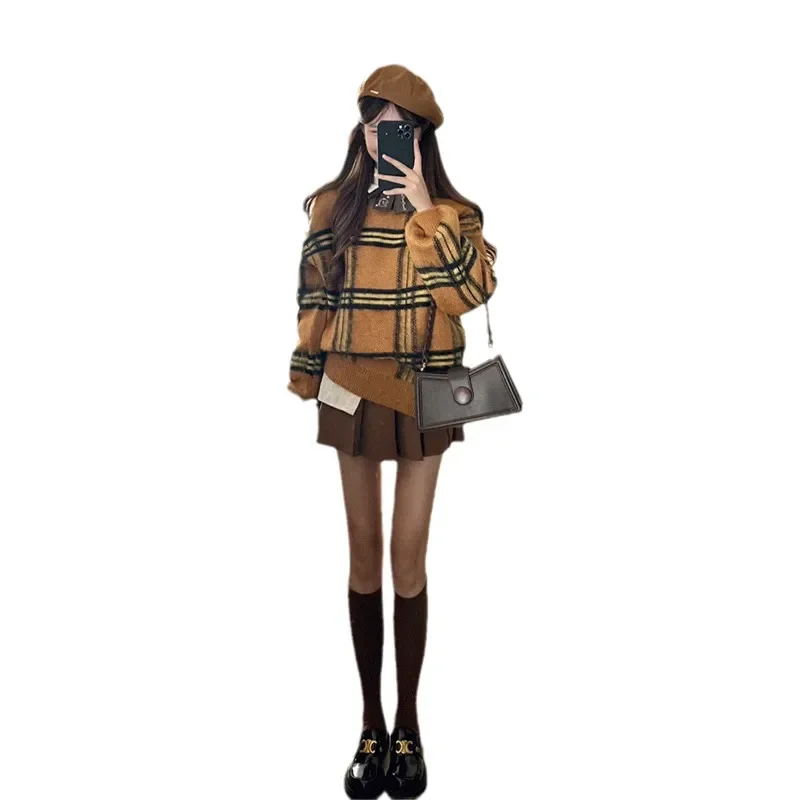 Herfst Winter Koreaanse Preppy Stijl Breien Truien Femme Modieuze Plaid O-hals Lange Mouw Trui Dameskleding Top Tee