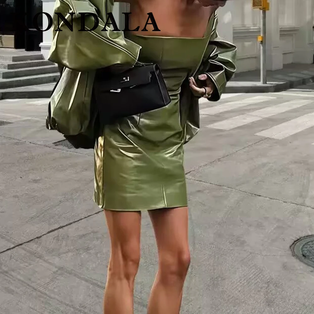 KONDALA Chic Streetwear Green PU Solid Women Suit Zipper Pocket Jacket+Strapless Sheath Mini Dress Fashion 2025 Night Party Sets