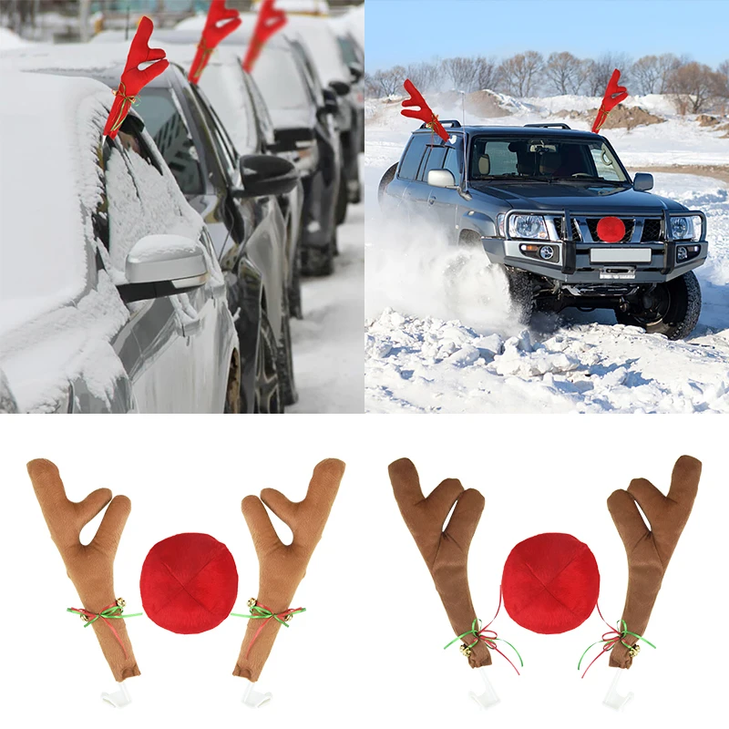 Christmas Sika Deer Antlers Nose Horn Car Vehicle Decoration Reindeer Costume Set Truck Ornaments Xmas Holiday Party Gifts