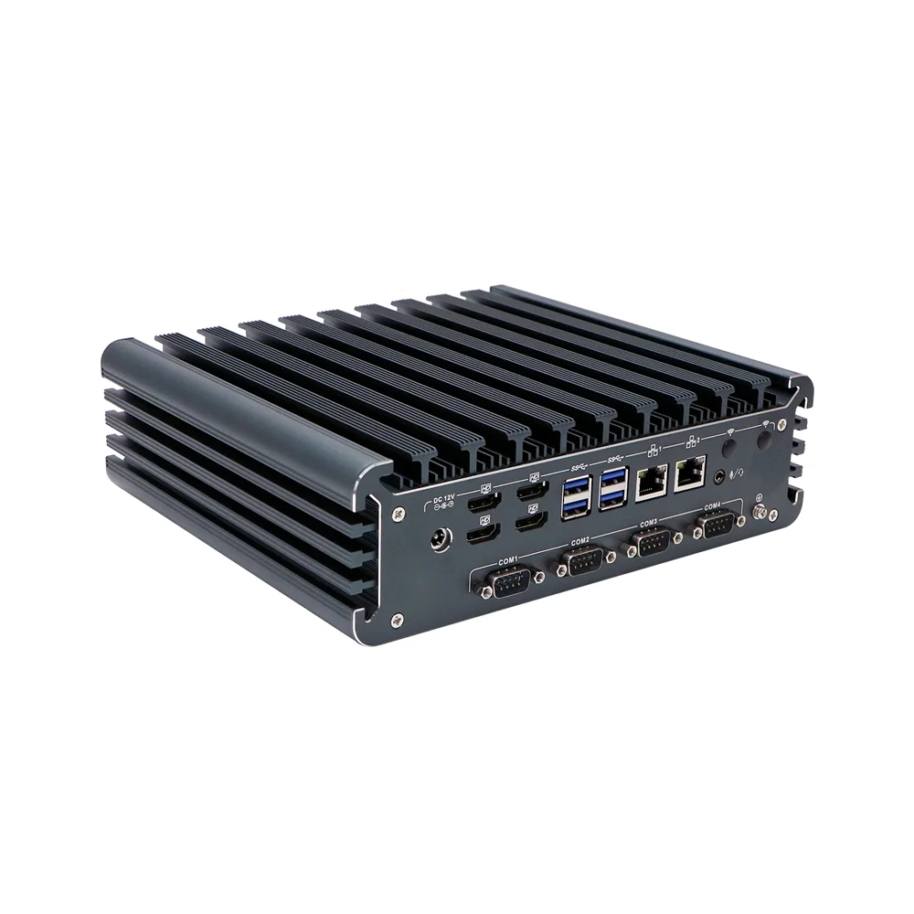 HUNSN komputer przemysłowy bez wentylatora, minikomputer, IPC,IX12, I5/I7, 4 x HDMI, 2 x LAN, 4 x COM COM1/2 dla RS232/RS485,TPM2.0