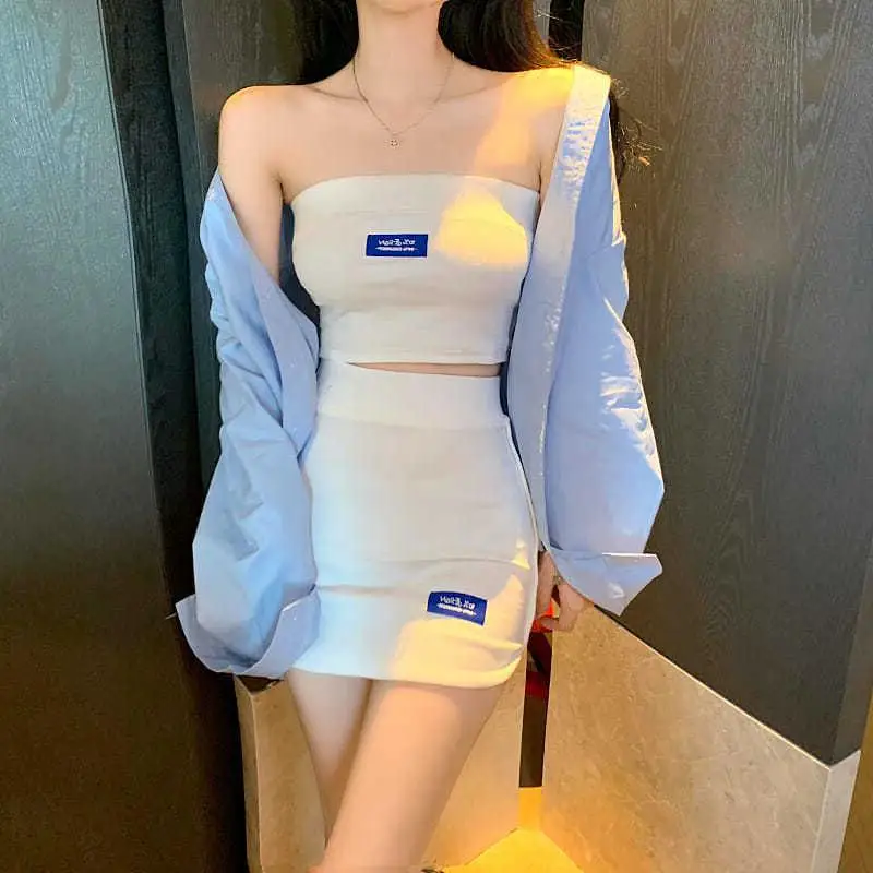 

Fashionable Pure Color Two-Piece Set Korean Style Sporty Tube Top And Wrap around Skirt Summer 2025 Women's Ensemble