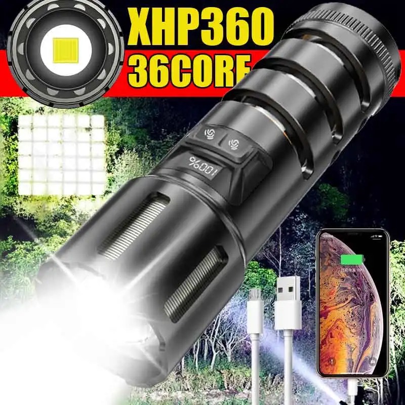 

2IN1 XHP360 military-grade super high-power flashlight 36-core wick zoom waterproof rechargeable flashlight with safety hammer