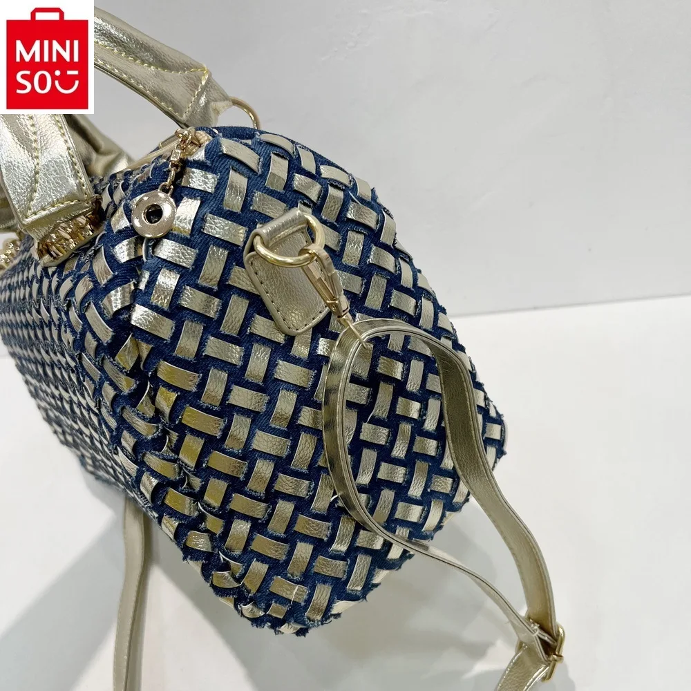 MINISO 2024 Fashion denim diamond inlaid large capacity handbag for women\'s high-quality versatile diagonal cross bag