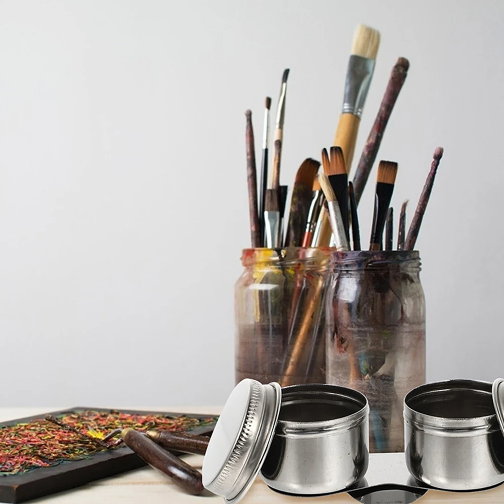 

2Pcs Oil Palette Cups Stainless Steel Brush Washing Pot Painting Brush Cleaner Pen Washing Container with Lid for Artists