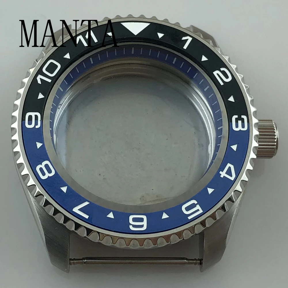 مانتا 42 مللي متر حافظة من الفولاذ المقاوم للصدأ الأزرق الديكور الدائري الياقوت ساعة زجاجية أجزاء حركة FitNH35NH36