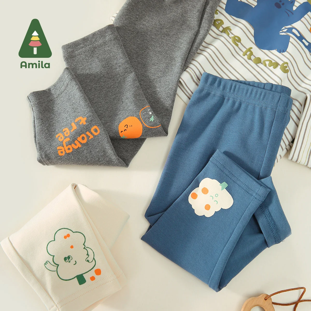 Amila Baby Leggings for Girls 2023 Autumn New  Diagonal Printing Warm Kids Soft Fashion Pants Children Solid Cotton Trouser