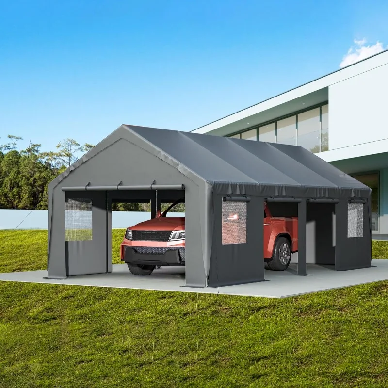Carport 13'x25'x10' شديد التحمل مع جدار جانبي قابل للطي ونوافذ جيدة التهوية، مرآب خارجي محمول للسيارة، سيارات الدفع الرباعي، القارب، رمادي #1