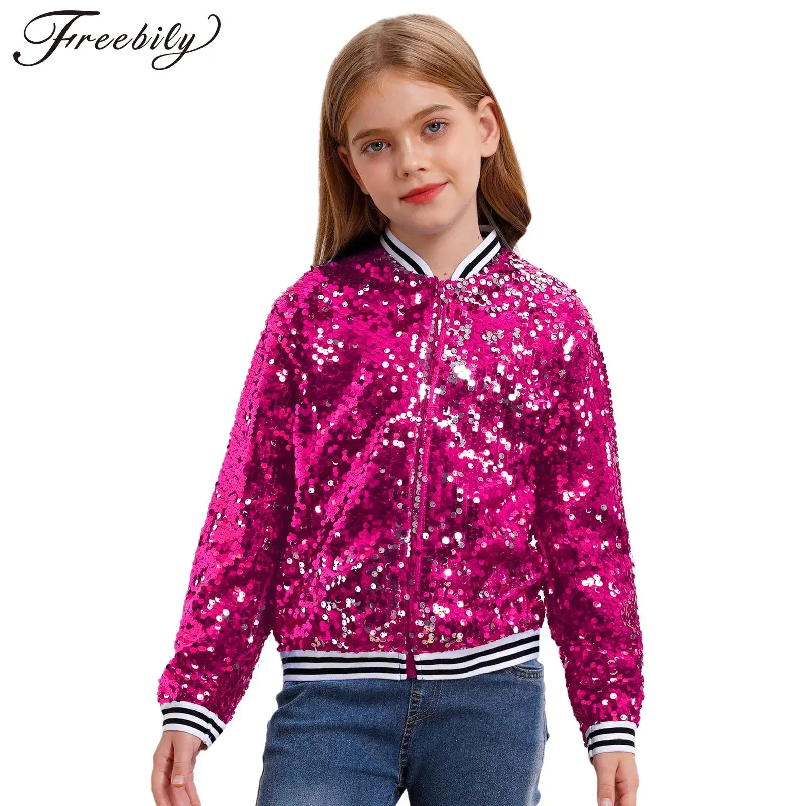 

Костюм черлидинга для девочек в стиле хип-хоп, джаз, уличный танец, костюм с длинными рукавами на молнии, блестящая бейсбольная куртка с блестками, пальто-бомбер