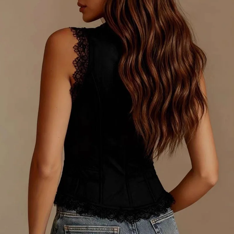 

Кружевная футболка с глубоким v-образным вырезом и вырезом, женские сексуальные однобортные топы на бретелях, весна-лето 2026, уличная рубашка без рукавов