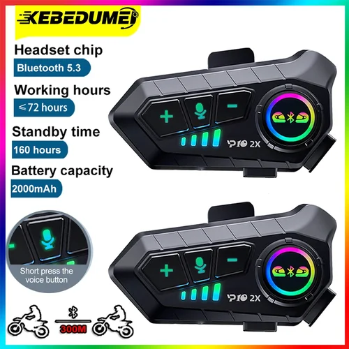 Kebidumei 1/2 Uds YP10 Bluetooth 5,3 intercomunicador de motocicleta 300M 2000Mah casco Moto intercomunicador auriculares Control de voz auriculares