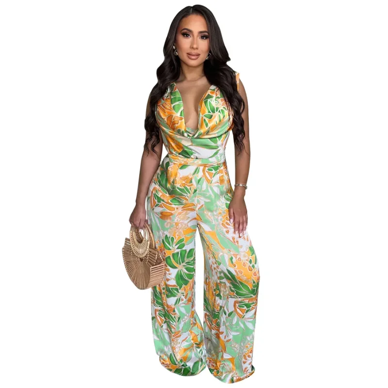 

Customized CM.YAYA Leaf Printed Women Wide Leg Pile Neck Sleeveless Satin Jumpsuits 2025 Summer Beach Club Playsuit One Piece S