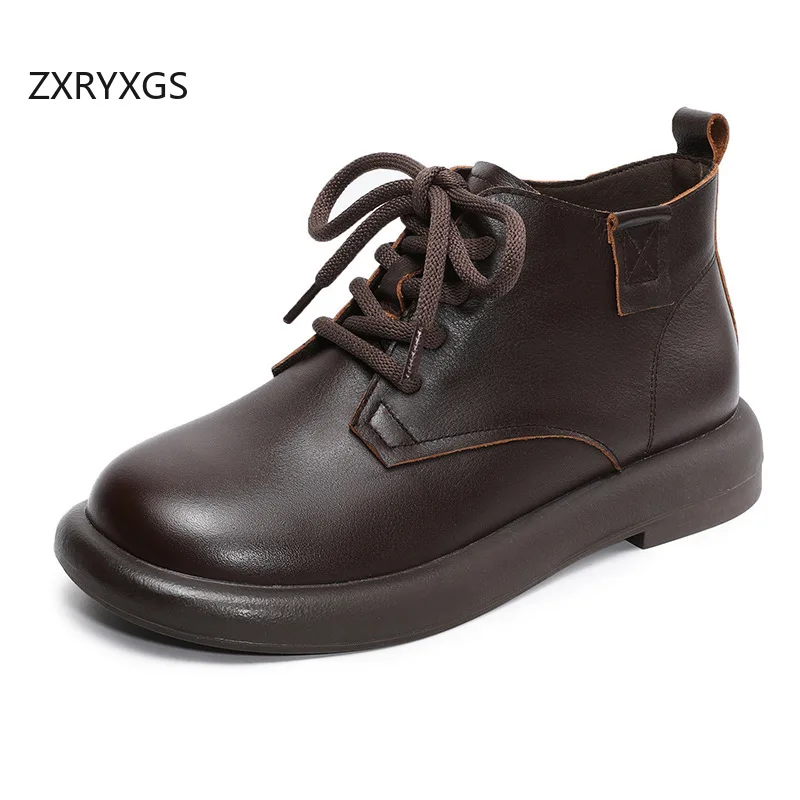 

ZXRYXGS 2025 Autumn Winter Top Cowhide Leather Boots Flat Comfort Warm Round Toe Lace-up Women Boots Big Size Short Boots Tide