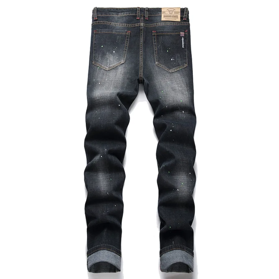 Autumn New Men's Perforated Paint Patch Elastic Slim Fit Casual Jeans