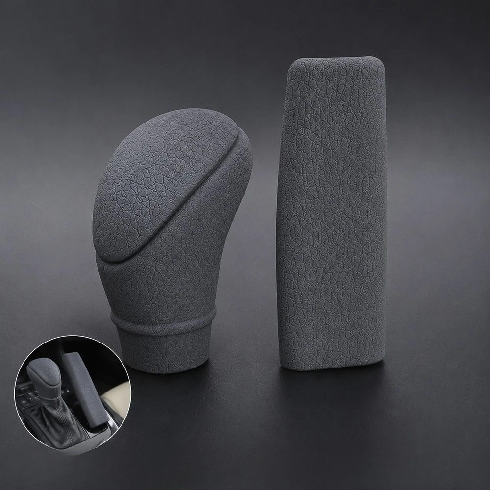 Universal Silicone Leather Grain Wave Shift Knob Cover & Handbrake Grip Set Anti-Slip Wear-Resistant Interior Trim for