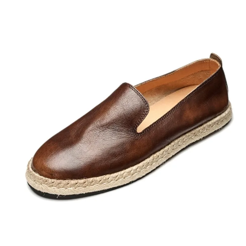 Zapatos de hombre de cuero genuino con punta redonda, alpargatas planas para hombre, zapatos bohemios, zapatos cómodos para hombre