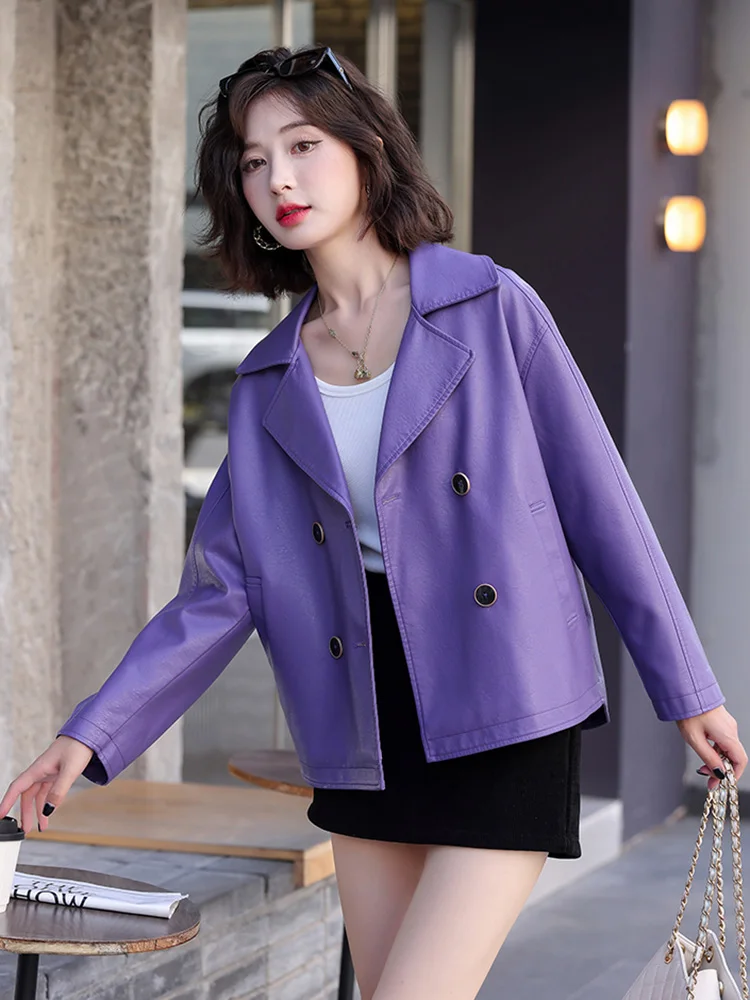 New Women Spring Autumn Leather Jacket Fashion Turn-down Collar Drop-shoulder Loose Short Coat Split Leather Casual Jacket