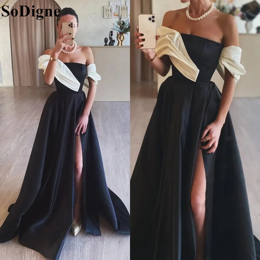 

SoDigne Black and White A-Line Satin Evening Dresses Off Shoulder Side Slit 2024 Arabic Women Formal Occasion Prom Gowns Dubai