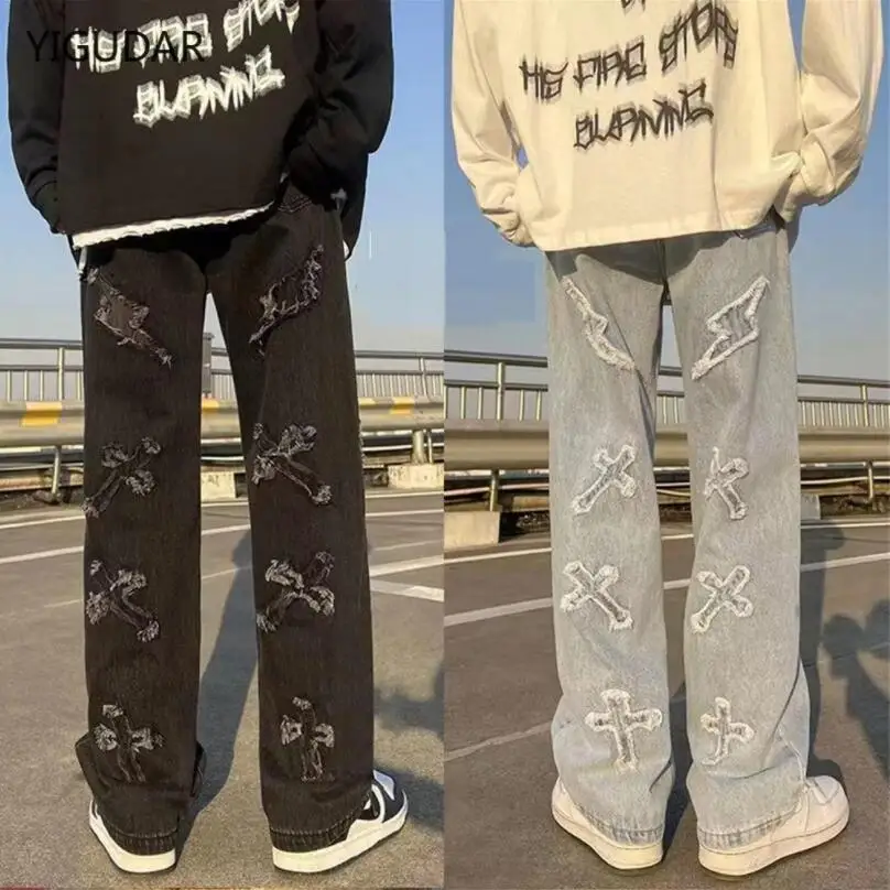 

Men's Denim Pants 2023 Fashion Loose Wide Leg Jeans Casual Streetwear Printed Cross Trousers jeans Pants Baggy Men Jeans w458