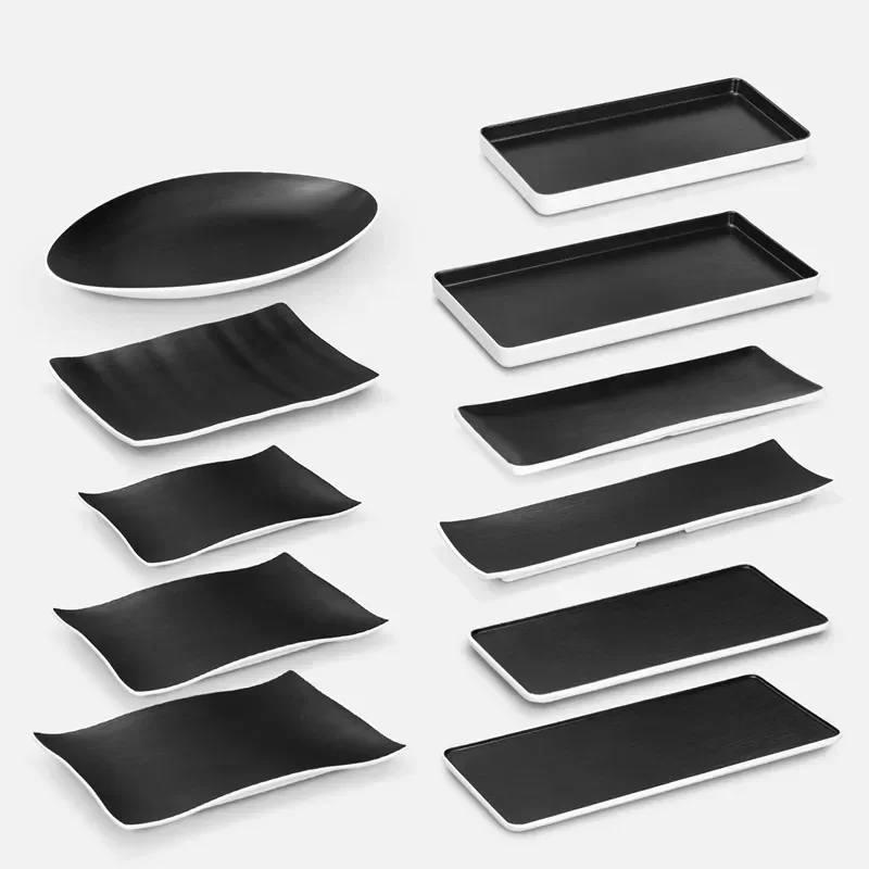 Melamine Plates Rectangle Sushi Plate Melamine Tableware Black and White Dinner Plates Plastic Plate Cafeteria Serving Tray