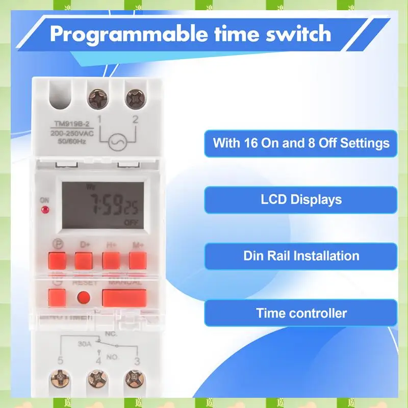 2025 SINOTIMER TM919B 30A Programmable Digital Timer Switch DIN Automatic Cycle Timing Controller For Lights, Fans,SINOTIMER TM9