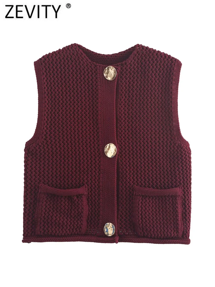 Zevity Women Chic Sleeveless Metal Button Pocket Cardigan Sweater 2024 Autumn Female Solid Hollow Out Knitting Vest Coat SW6265