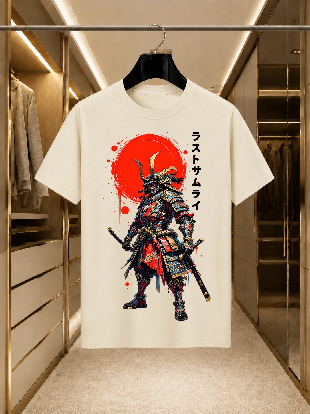 2026 New Arrival 100% Cotton T-shirt Japanese Samurai Armor Katana Red Sun Ink Splash Ukiyo-e Print Crew Neck Casual Short Sleev