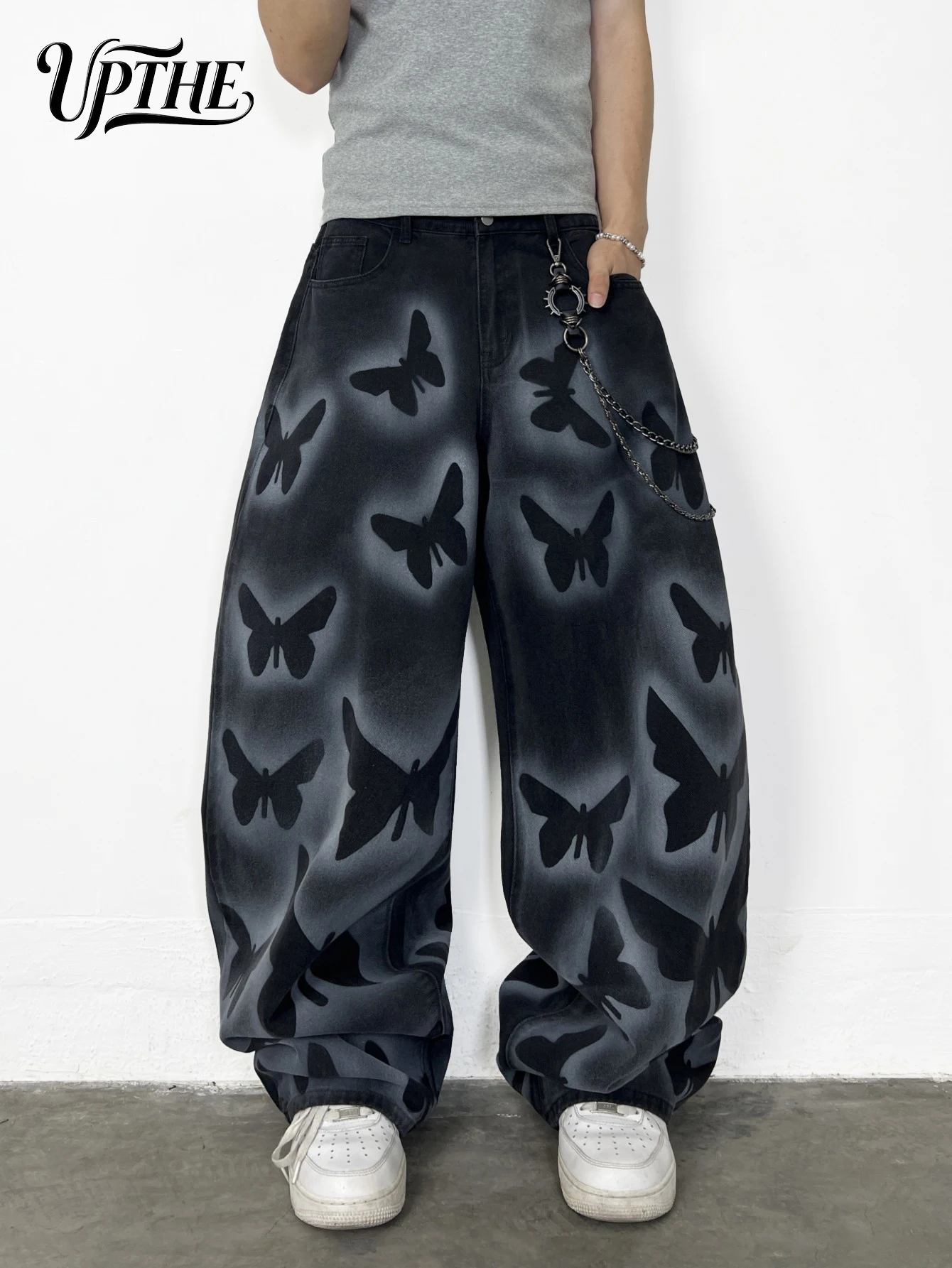 UPTHE Men's Baggy Wide Leg Black Jeans, Butterfly Print Gradient Washed Denim Pants, Oversized Loose Fit Y2K Hip Hop Streetwear Jeans for Men