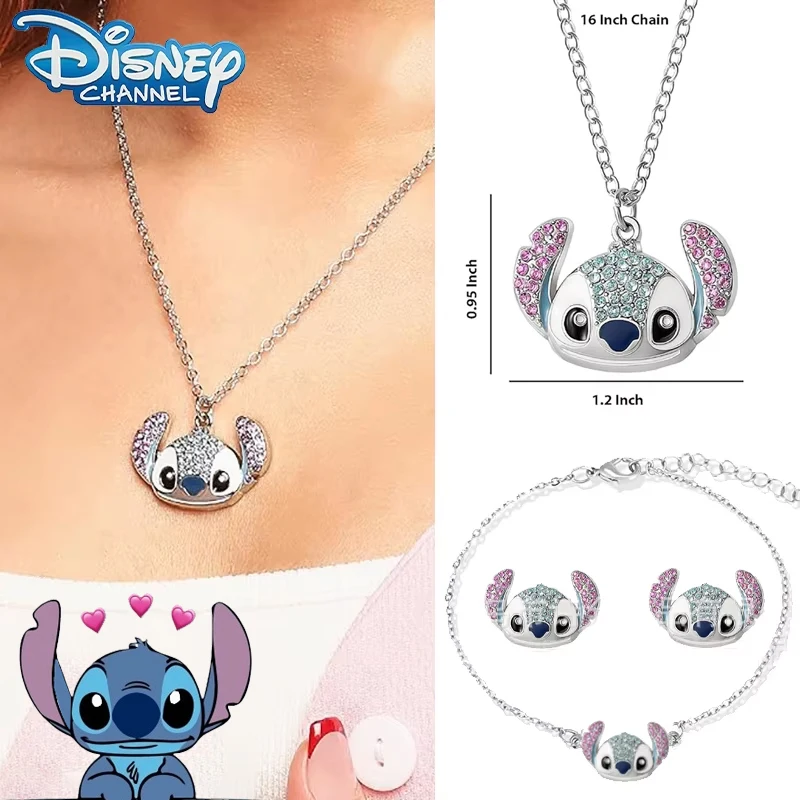 Disney Stitch Series Jewelry Set Moissanite Cartoon Design Necklace Bracelet Earrings for Women Cartoon Pendant Female Jewelry