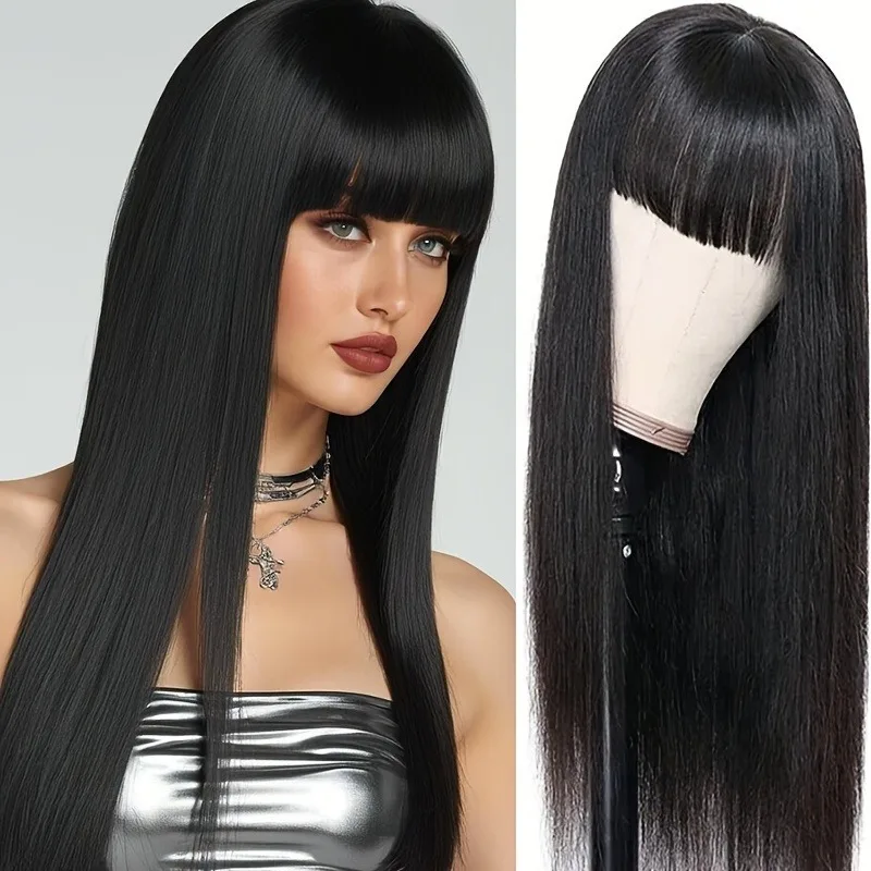 26 Inch Black Straight Synthetic Wig with Bangs, High Density - Natural Looking, Great for Women, Perfect for Daily Wear, Music image 4