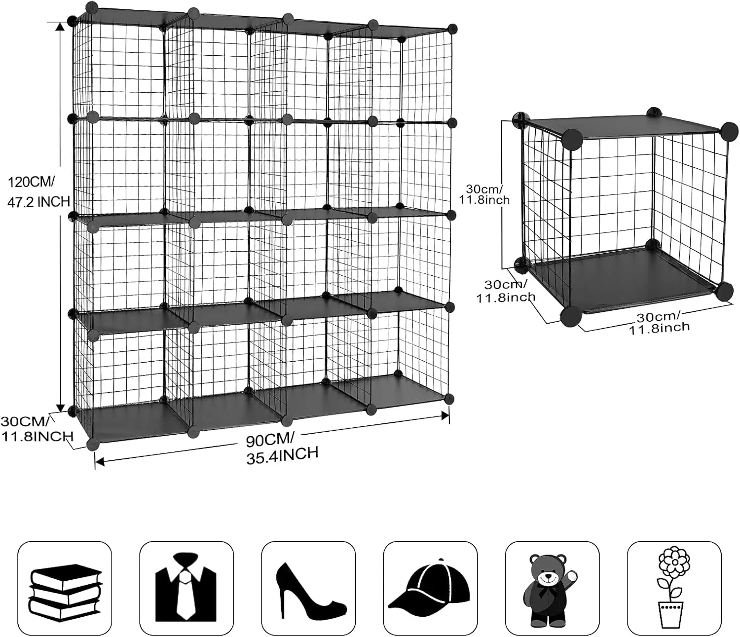 Wire Cube Storage Organizer, 16-Cube Metal Storage Shelves Bookshelf, Stackable Modular Closet Organizer for Bedroom Living Room