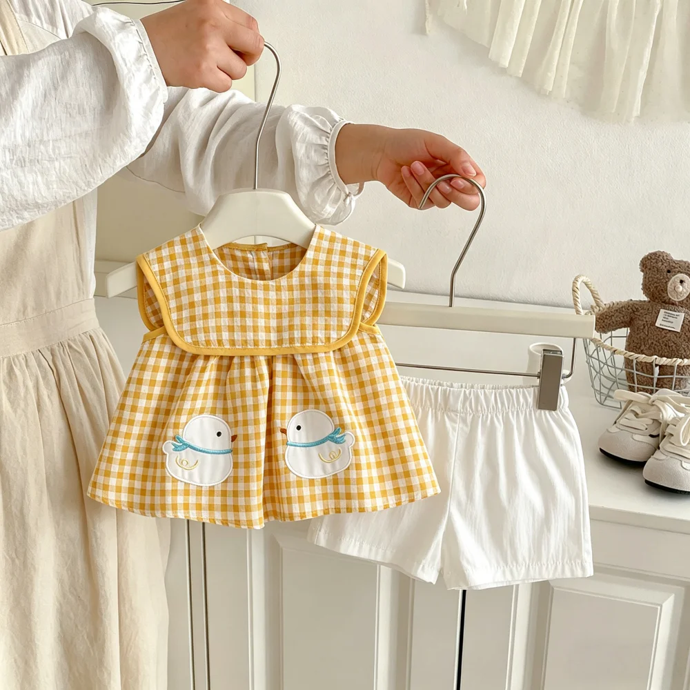 

2pc/Set Baby Girl Set Summer Plaid Cartoon Top Shorts Girl Clothing Cute Beach Baby Set