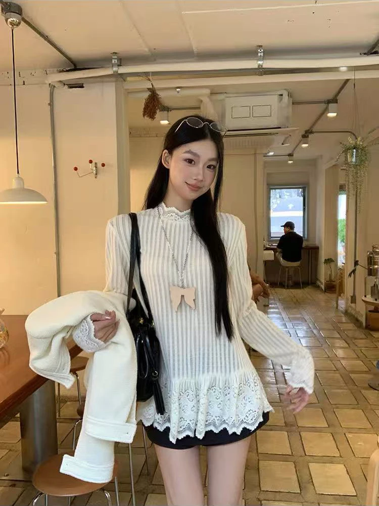 

Кружевная лоскутная футболка с длинным рукавом, женская осенняя свободная футболка в ленивом стиле, базовые топы Y2K, корейские элегантные офисные женские универсальные тонкие футболки