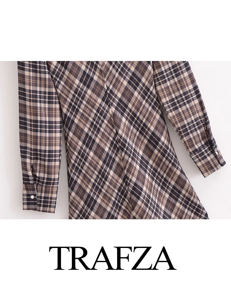 TRAFZA Abito da donna a maniche lunghe monopetto scozzese decorato con tasca vintage alla moda Abito femminile elegante e sottile alla caviglia