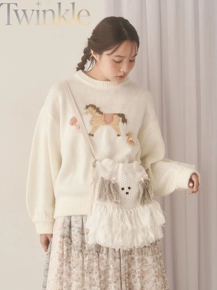 Cute Plush Dog Tassel Crossbody Bag Women Knitted Handbag Shoulder Bag Sweet Ladies Purse