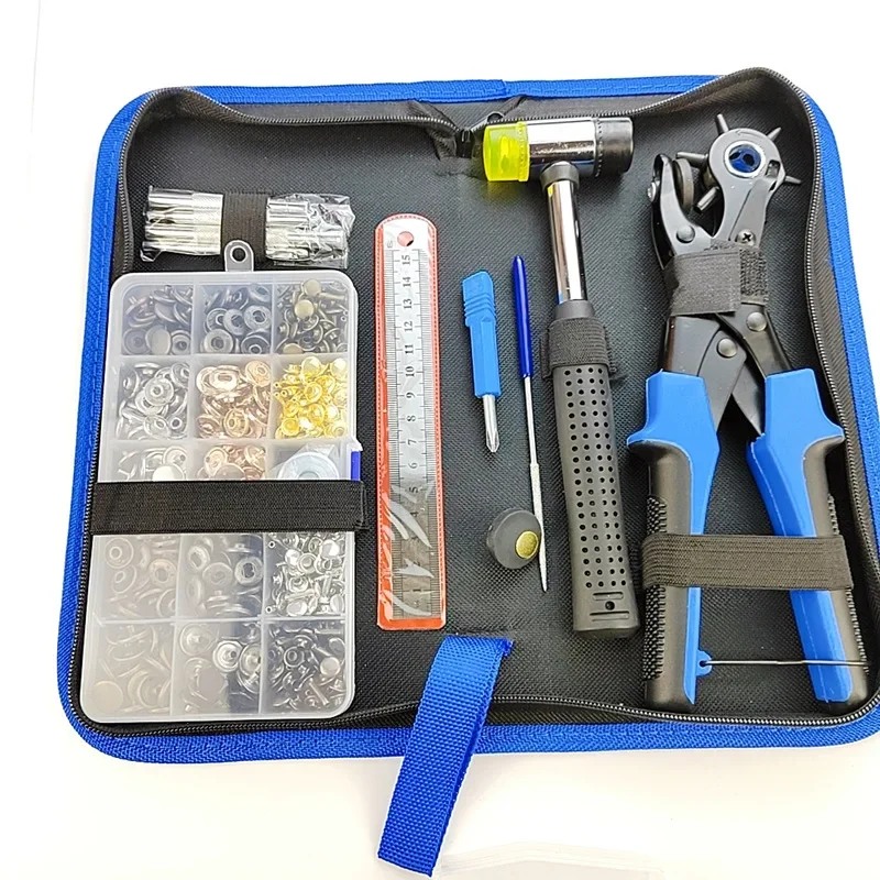 Hole Punch Plier Set  Punch Hole Tool Kit with Punch Plier Ruler Grinding Rod Plastic Hammer340 sets of snap fasteners+rivets