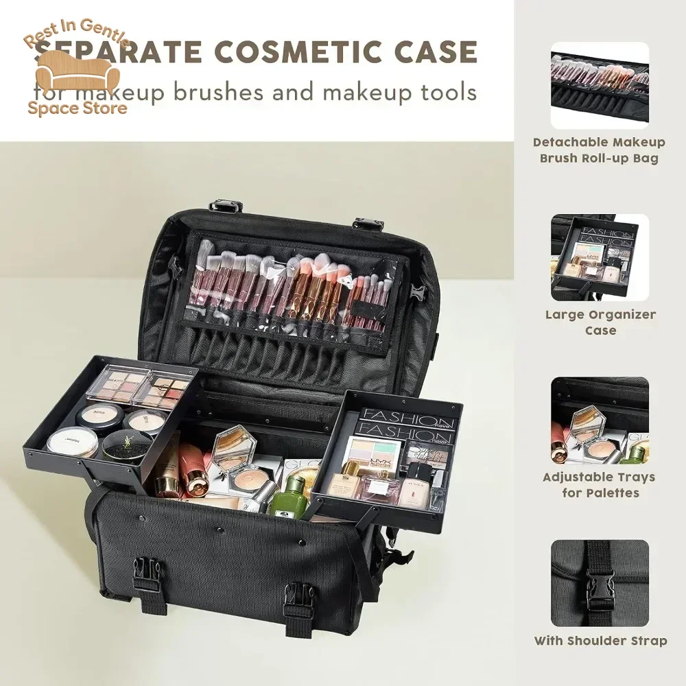 Costravio Professional Makeup Case, 2in1 Travel Makeup Rolling Case Soft Sided Cosmetology Train Case with Wheels Makeup Artist