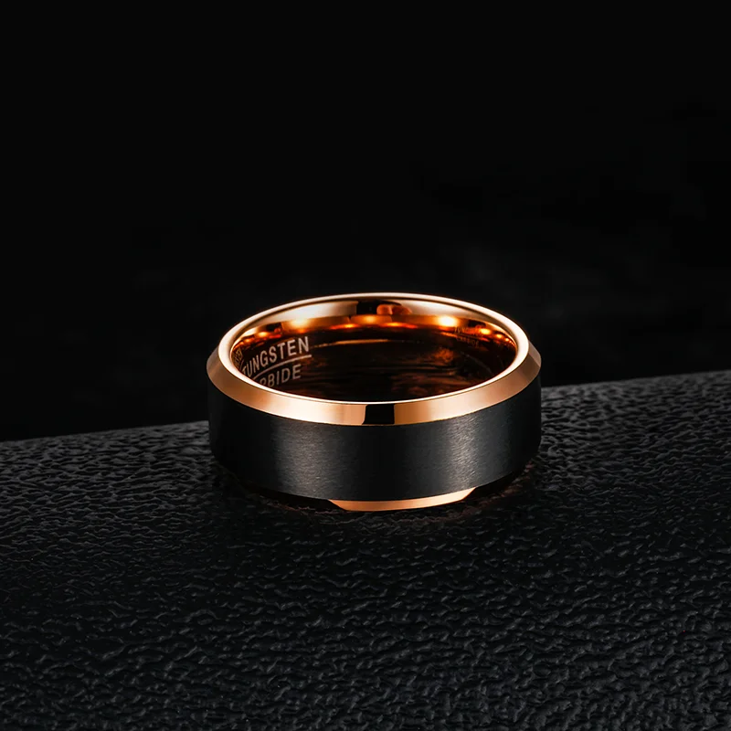 Somen 8mm Men Tungsten Carbide Ring Wedding Band Black Brushed Beveled Polished Cut Edge Rose Gold Color Inside Engagement Rings view 2