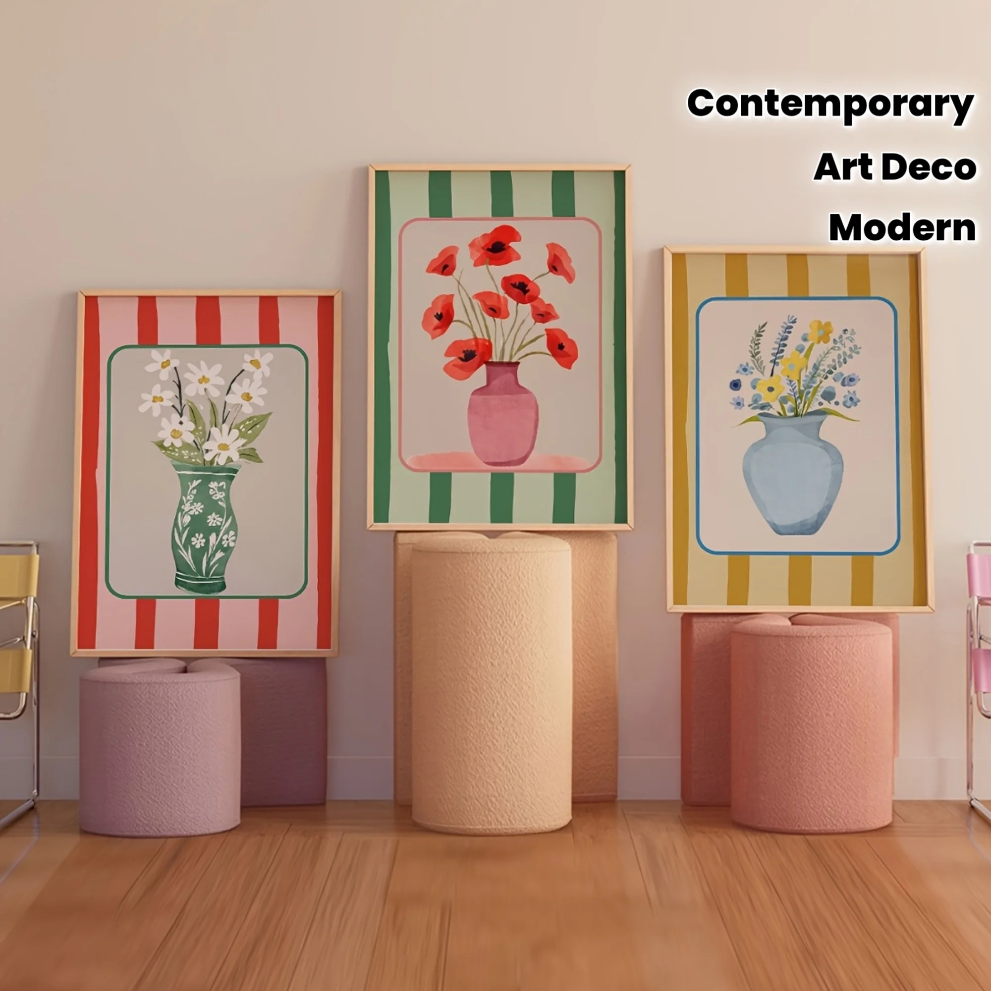 3 teile/satz Farbe Abstrakte Gestreifte Vase Blume Leinwand Druck Minimalistischen Linie Wand Kunst Poster für Wohnkultur Valentinstag Geschenk
