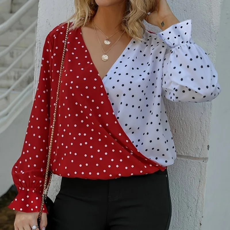 

Spring & Summer Elegant Polka Dot Printed Long Sleeve Shirt for Women Temperament Commuting Women's Fashion Asymmetric Top