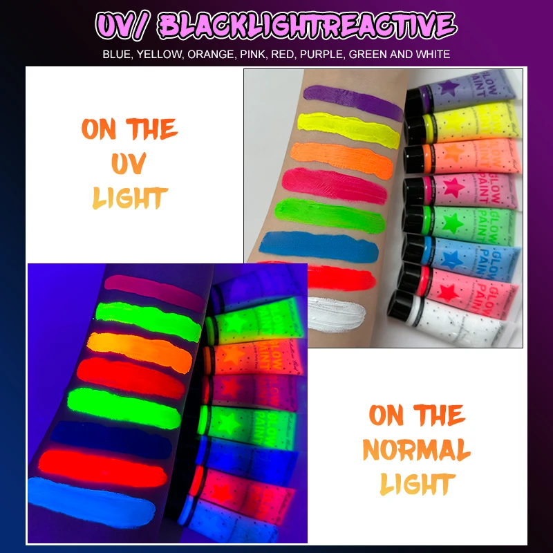 10ml Fluorescent Body Paint Glow in Dark - UV Neon Face & Body Paint for Parties, Halloween, Cosplay - Safe & Washable